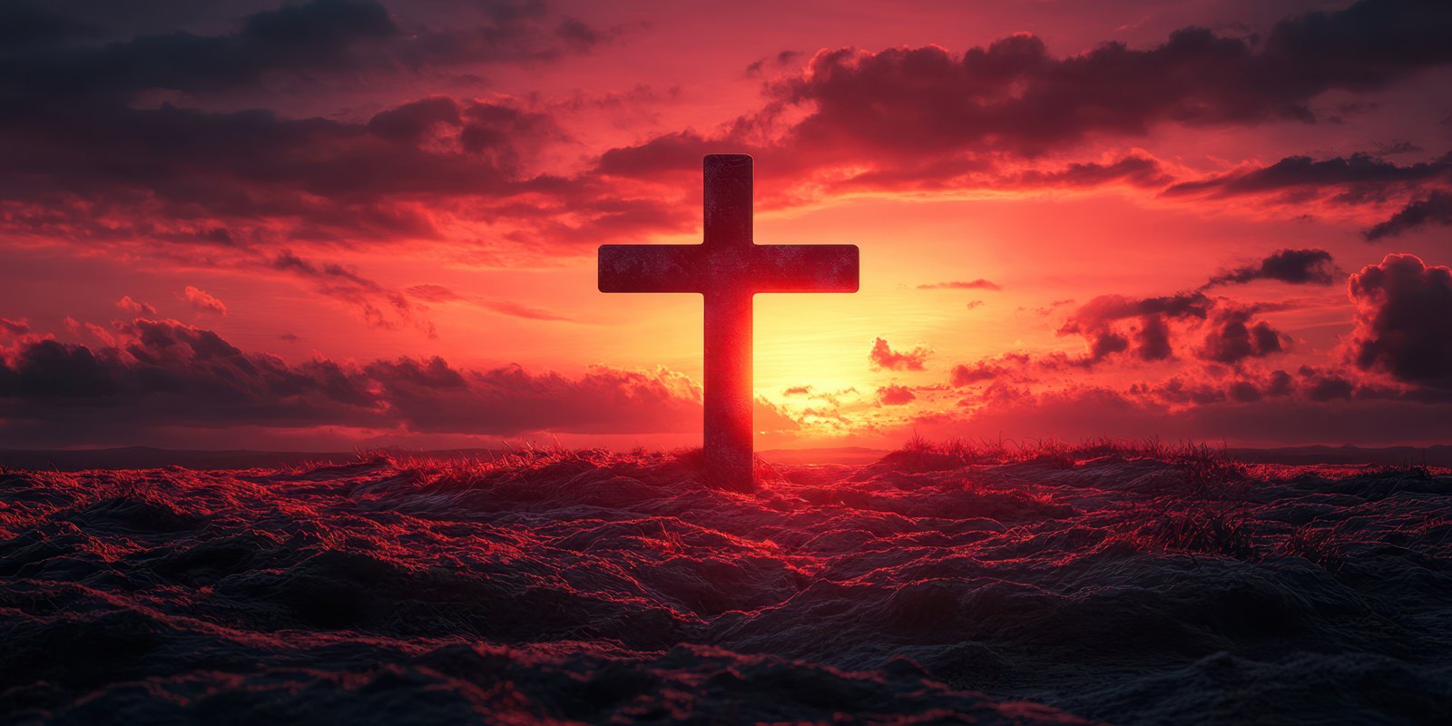 Cross silhouetted against a vibrant sunset sky with dramatic clouds in a serene landscape